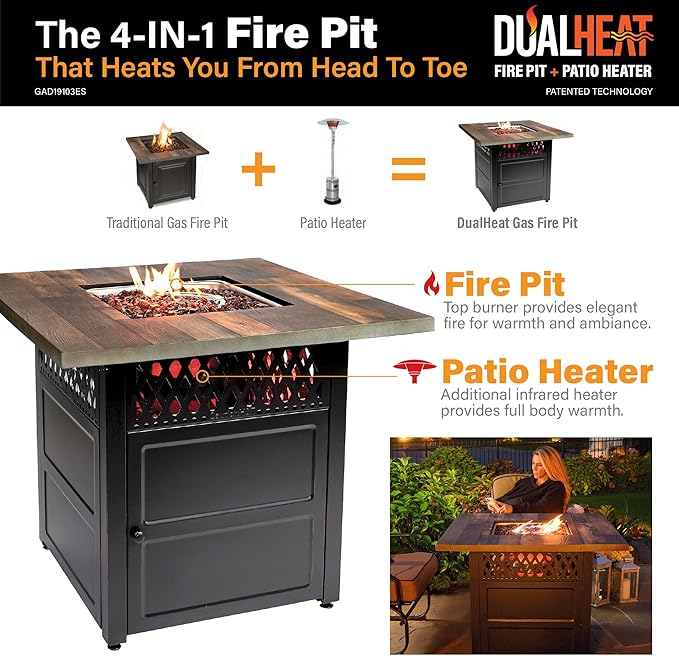 DualHeat by Endless Summer, The Harris, 38" Square Propane Gas Outdoor Fire Pit/Patio Heater-VerdiqueGarden