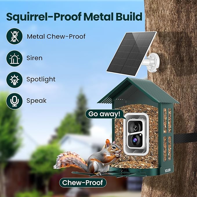 SOLIOM Solar Bird Feeder with Camera for Outdoors - AI Smart Birdhouse, 2K Live View & Instant Alerts, Squirrel Proof - Perfect Bird Watching Gift (Green)-VerdiqueGarden