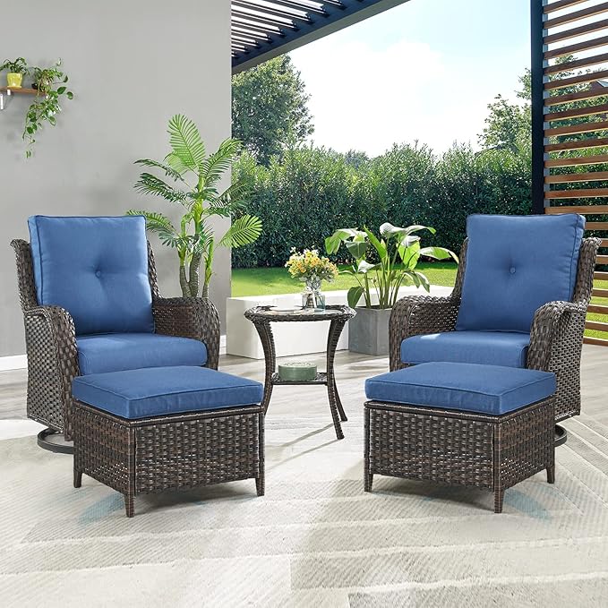 Outdoor Wicker Patio Furniture Set - 5 Pieces Rattan Patio Conversation Set with 2 Rocking Swivel Chairs,2 Ottomans and 1 Side Table for Porch Deck Backyard Garden(Brown/Blue)-VerdiqueGarden