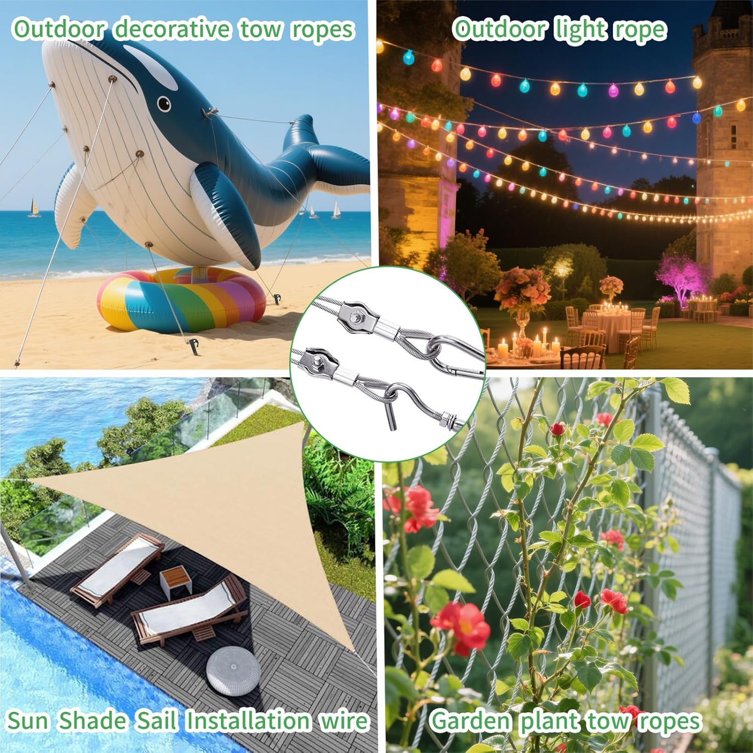 5/32" Wire Cable Rope Kit ，Vinyl Coated 304 Stainless Steel Wire – 200FT 7x7 Strand Cable with Turnbuckles，Shade Sail & Hanging Lights Hardware Kit for Outdoor, Garden,Patio, Crafts,-VerdiqueGarden