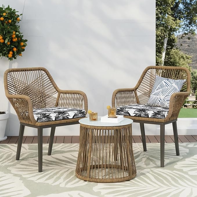 Favoyard Outdoor Chair Cushion 22 x 22 x 3 In Waterproof Pattern Fade Resistant Cushions for Patio Furniture with Removable Cover Attach Straps 28D Foam Insert Cushions Pads for Seat Sofa Couch 2 Pack-VerdiqueGarden