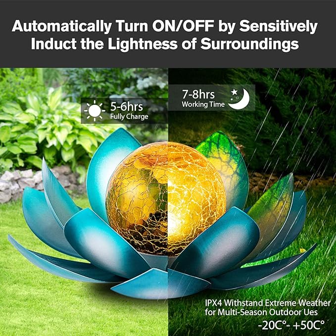 Huaxu Solar Light Outdoor Garden Decor Blue Metal Crackle Globe Glass Waterproof LED Lotus Flower Table Lamp Decorations for Patio Yard Porch Pathway Ground-VerdiqueGarden