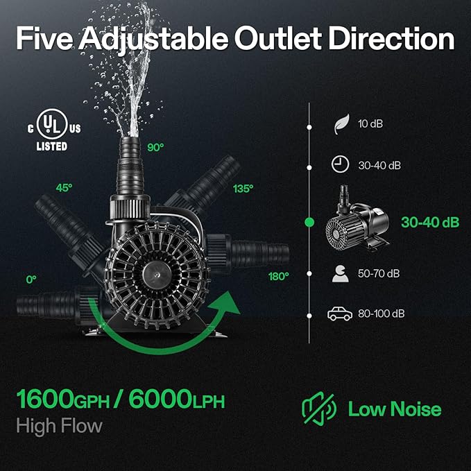 VIVOSUN 1600 GPH Submersible Water Pump, 100W Pond Pump, Ultra Quiet Aquarium Pump with 15FT. Lift Height for Pond, Waterfall, Fish Tank, Statuary, Hydroponic-VerdiqueGarden