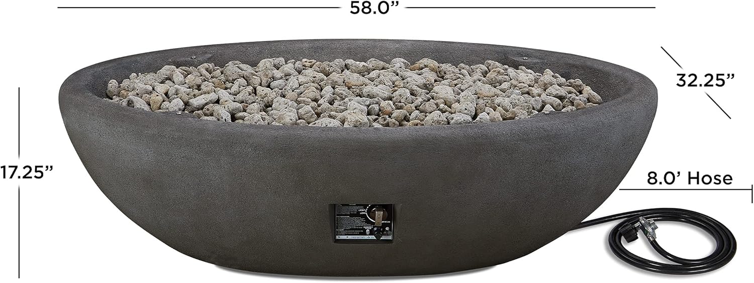 Real Flame Riverside 58" Oval Propane Fire Pit Bowl, Push-Button Ignition, Includes 28" Stainless Steel Burner, Lightweight 50,000 BTUs of Heat - Adjustable Flame Height-VerdiqueGarden