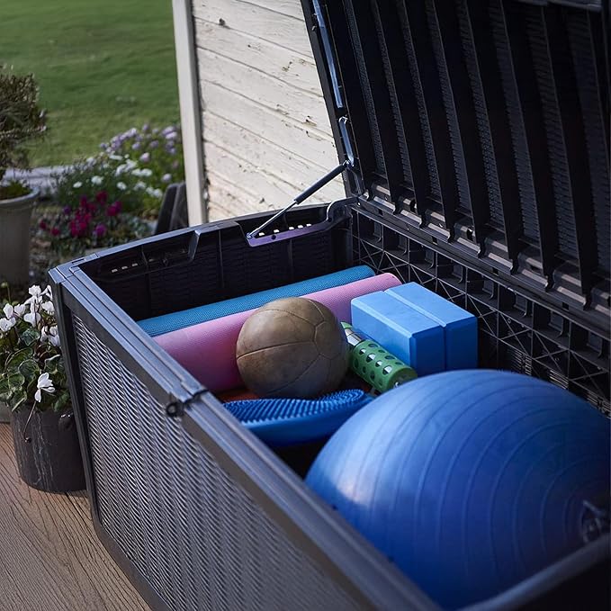 Keter Outdoor Storage Deck Box for Patio, Backyard & Garden, Borneo, 110 Gal, Grey - Lockable, Organizing, and Waterproof Plastic Container Bench-VerdiqueGarden