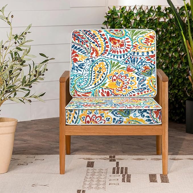 LVTXIII Patio Chair Cushions 22"x22"x3", Water-Repellent Outdoor Seat Cushions for Patio Furniture, Square Chair Pads with Ties for Home Garden Decoration, Set of 2, Paisley Multi-VerdiqueGarden