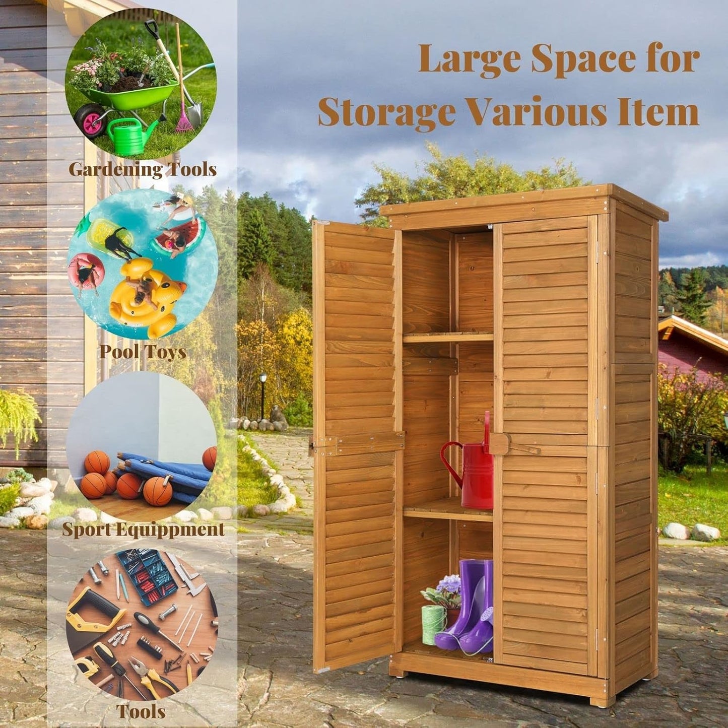 Outvita Outdoor Storage Cabinet, 63in Wooden Garden Tools Shed with 2 Lockable Doors, 3 Adjustable Shelves, Waterproof Roof for Yard Garge Patio Deck Porch, Natural-VerdiqueGarden