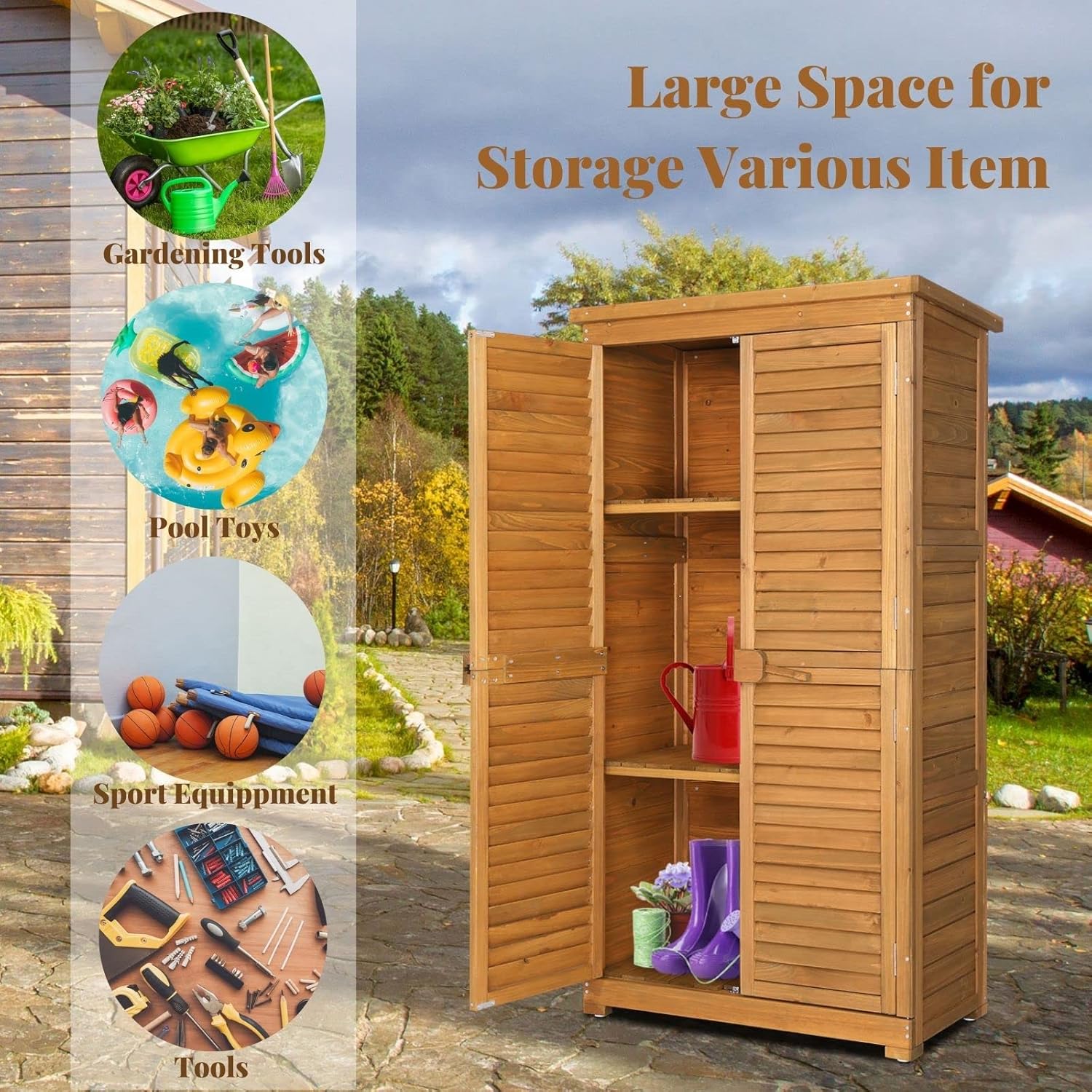 Outvita Outdoor Storage Cabinet, 63in Wooden Garden Tools Shed with 2 Lockable Doors, 3 Adjustable Shelves, Waterproof Roof for Yard Garge Patio Deck Porch, Natural-VerdiqueGarden