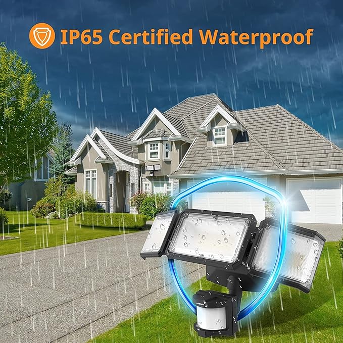 LEPOWER Battery Powered LED Flood Light Outdoor,1500LM Motion Sensor Security Lights, IP65 Waterproof,Wireless Flood Light Battery Operated,3 Head Motion Detector Light for Garage,Yard,Porch(Black)-VerdiqueGarden