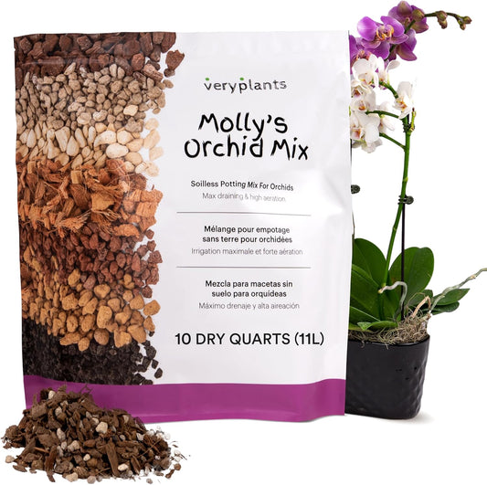 Molly's Orchid Potting Mix - Premium Gritty Soilless Orchid Mix - Chunky High Drainage vs Standard Potting Soil for Indoor Plants - Contains Bark, Coco Chips, Akadama, Pumice, Lava Rock 10 Dry Quarts-VerdiqueGarden