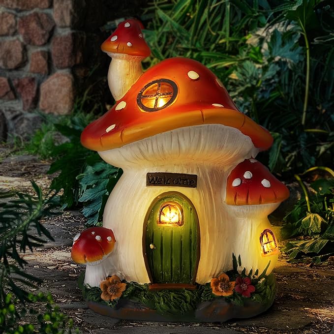 Mushroom House Garden Statue Outdoor, Solar Light Mushroom House Garden Figurines for Lawn, Balcony, Yard Decoration, Outdoor Garden Decoration-VerdiqueGarden