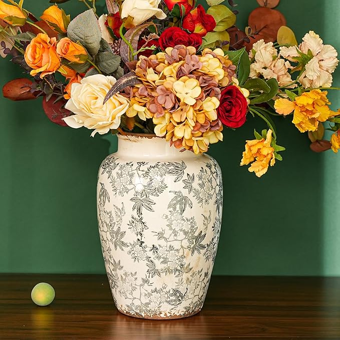 Sungmor Ceramic Flower Vase, Vintage Ice Cracked Glaze Porcelain Vase, Pretty Home Decor Vase for Flower Arrangement, Fresh Flowers, 10.2 Inch Tall Chinoiserie Pottery Vase, Gray Floral Pattern-VerdiqueGarden