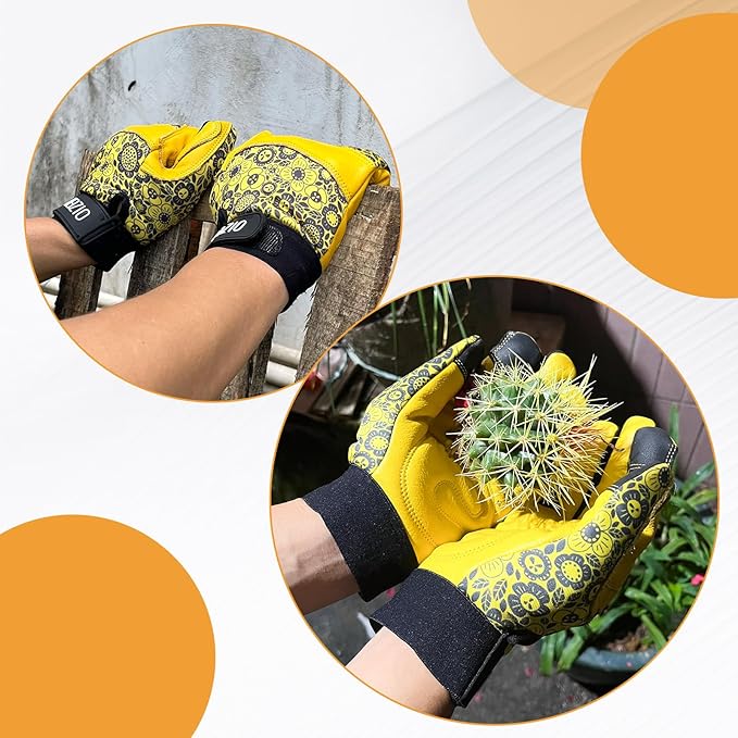 Cowhide Leather Thorn Proof & Puncture Resistant Gardening Gloves for Women and Men, Touchscreen Compatible Working Gloves for Weeding, Digging, Planting, Gardening Gifts for Women (Size Medium)-VerdiqueGarden