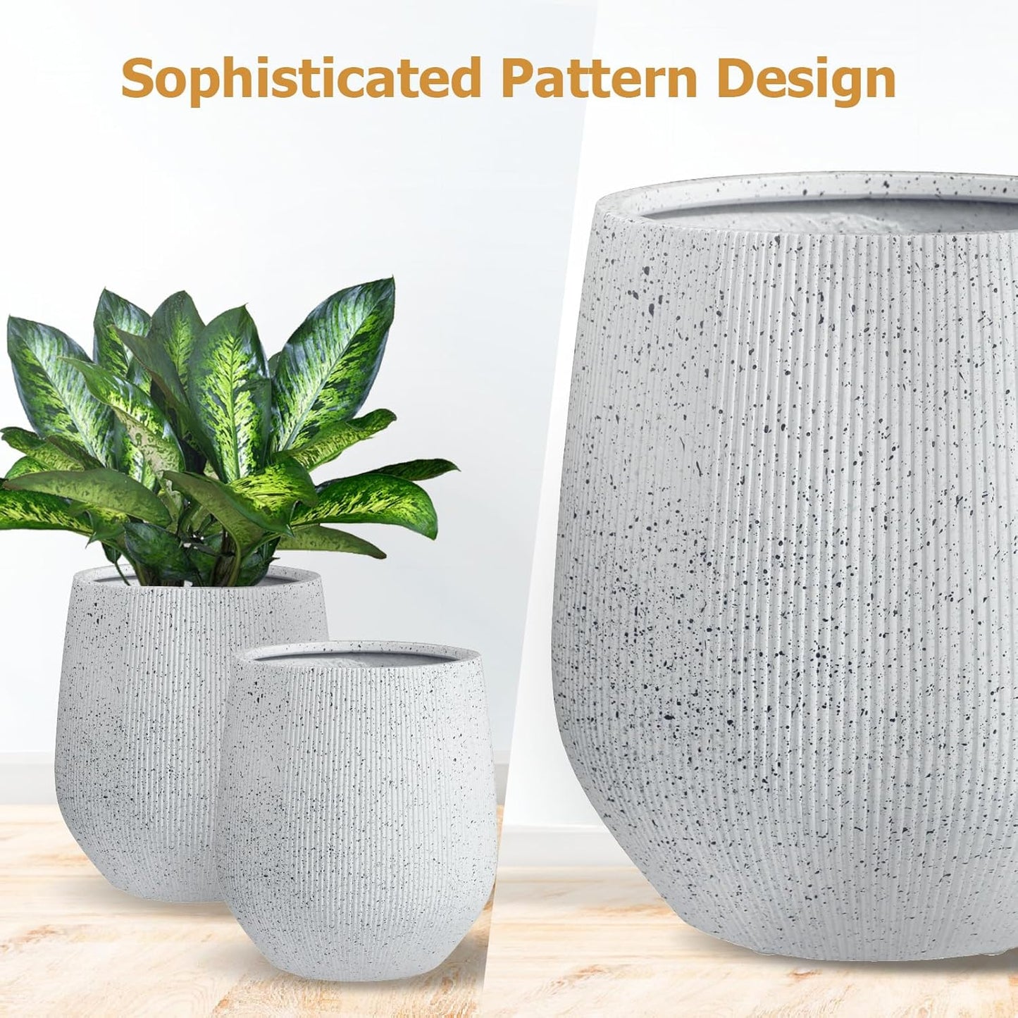 12.5" H x 11.5" D Ribbed Corso Fiberstone Round Planter with Drainage Hole, Weather Resistant, Indoor and Outdoor Use, Included 2 Extra Coco Mats (Ribbed Speckled White, 9" Pot Opening)-VerdiqueGarden