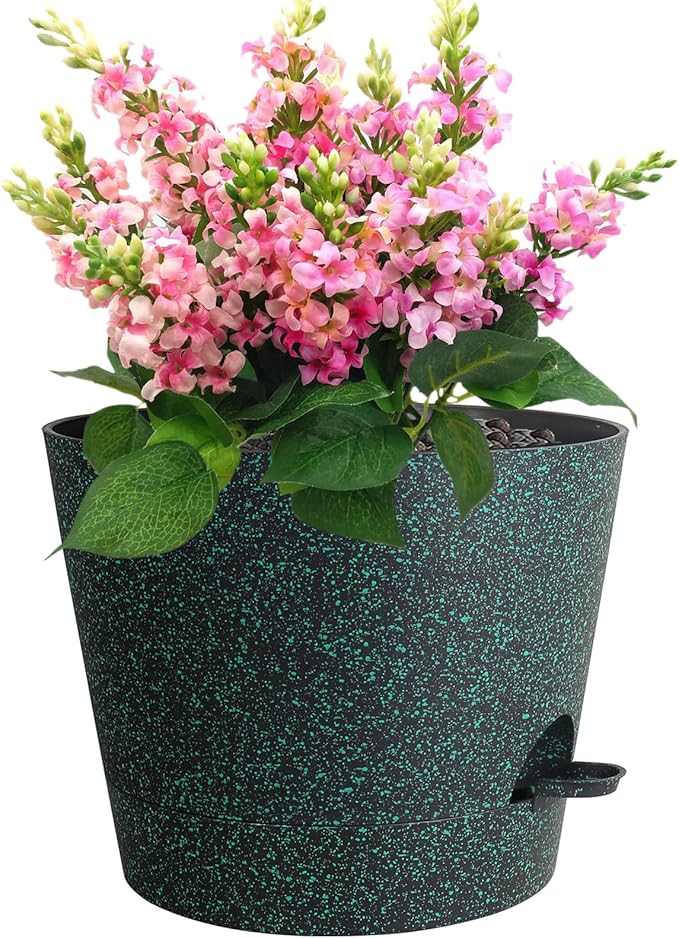 12 inch Large Self Watering Pots for Indoor Outdoor Plants, Flower Plant Pots with Mesh Drainage Holes for Garden, Plastic Planters with Reservoir for Home Plants, Black with Green Speckles-VerdiqueGarden