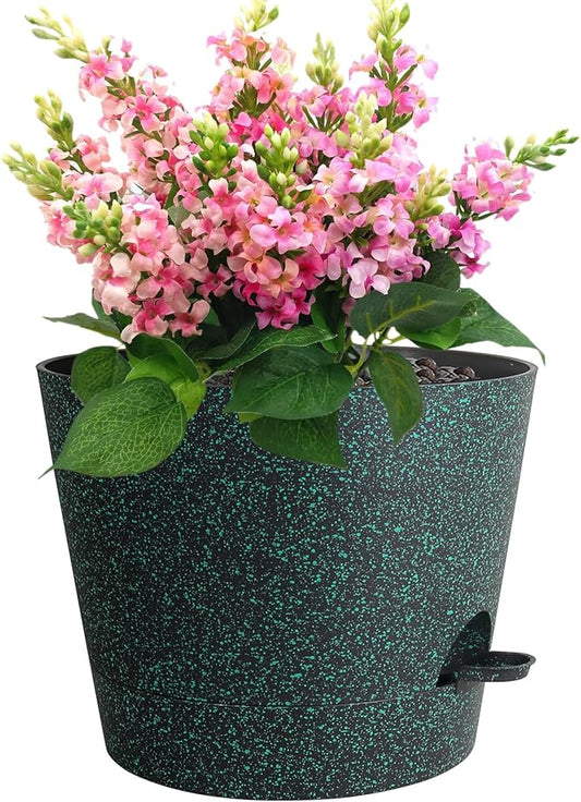 12 inch Large Self Watering Pots for Indoor Outdoor Plants, Flower Plant Pots with Mesh Drainage Holes for Garden, Plastic Planters with Reservoir for Home Plants, Black with Green Speckles-VerdiqueGarden