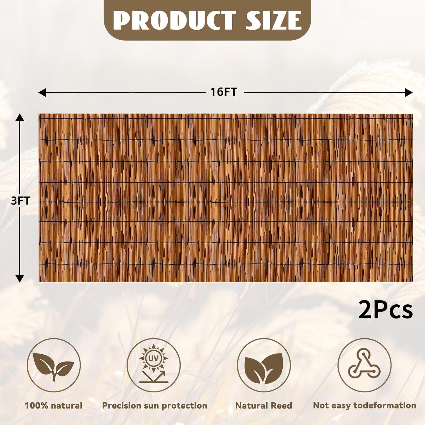 Bamboo Reed Fencing, Light Russet Bamboo Fence Rolls 3 Feet High, Decorative Reed Curtains Privacy Screen Outdoor for Patio Garden Balcony Backyard, 3 x 16 FT (2 Pcs)-VerdiqueGarden