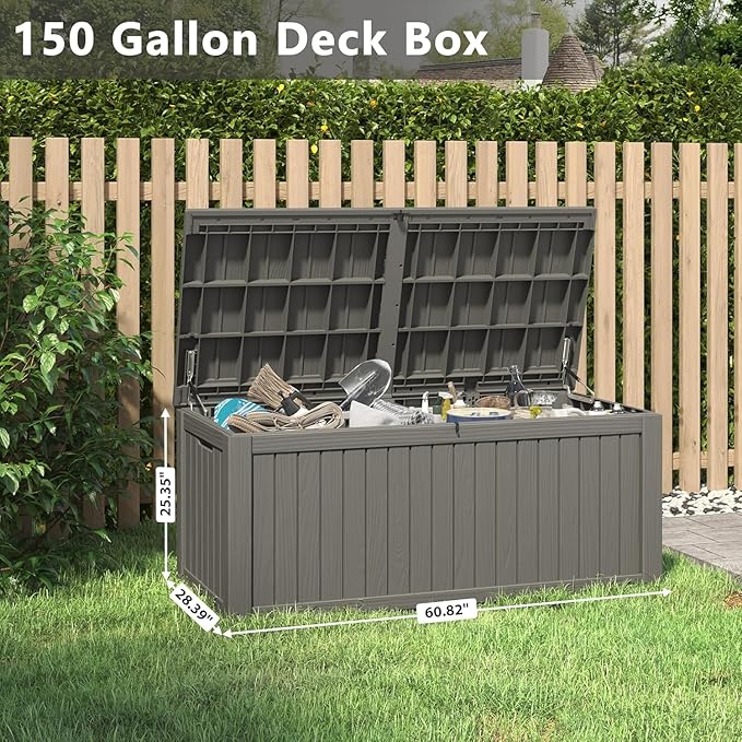 NUNU LAB 150 Gallon Outdoor Storage Box,Resin Large Sturdy Deck Box, Backyard Outside Storage Box Waterproof with Double Wall Panels,Package Delivery,Garden Outdoor Hose Bin-VerdiqueGarden