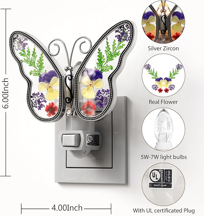 KY&BOSAM Butterfly Night Light Plug into Wall Night Lights Real Flower Glass and Metal Nightlights for Hallway Nursery Bedroom Bathroom Kids Room Kitchen Stairway Accent Elegant Themed Home Decoration-VerdiqueGarden