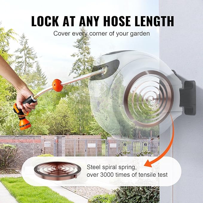 65' x 5/8" Retractable Hose Reel Wall-Mounted with 180° Swivel–Heavy-Duty Automatic Water Hose Storage for Garden,Yard,and Outdoor Use-VerdiqueGarden