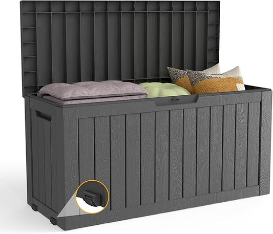 80 Gallon Outdoor Storage Box with Wheels, Waterproof Lockable Resin Deck Box Patio Storage Bin for Pool Accessories Cushion Furniture, Garden Tools, UV-Resistant Outside Delivery Black-VerdiqueGarden