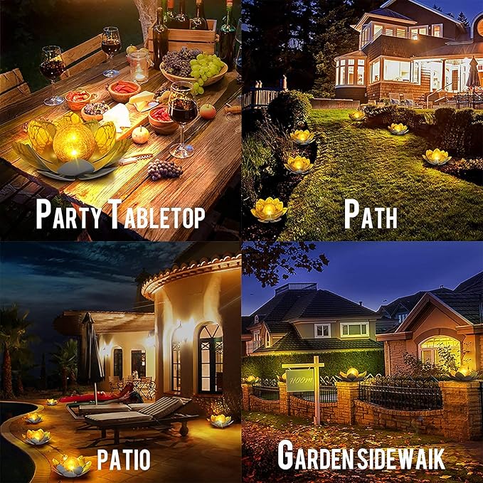 Huaxu Solar Lights Outdoor Garden Decor , Amber Crackle Globe Glass Lotus Decoration,Waterproof Gray Metal Flower Light for Patio,Lawn,Walkway,Tabletop,Ground-VerdiqueGarden