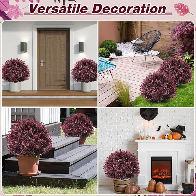 Yunlly 2 Pcs 18 Inch Artificial Boxwood Ball Topiary Tree Fake Outdoor Plants Bush, UV Resistance Faux Shrub with Spike Realistic Greenery Potted for Indoor Garden Yard Porch Patio Decor (Dark Purple)-VerdiqueGarden