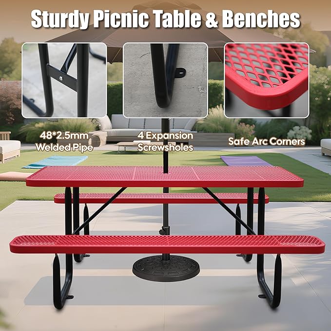 6FT Metal Picnic Tables for Outdoors, Commercial Rectangular Picnic Table and Bench Set for Outside, Patio, Garden, Backyard, Porch, Surface Mount, Red-VerdiqueGarden