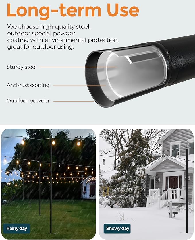 LAND·VOI Metal String Light Poles for Outside Hanging - Backyard, Garden, Patio, 1 Pack Lighting Stand with Adjustable Height for Outdoor Parties, Wedding, Extra-Long 5-Prong Claws, (9.6FT) FLP01B-VerdiqueGarden