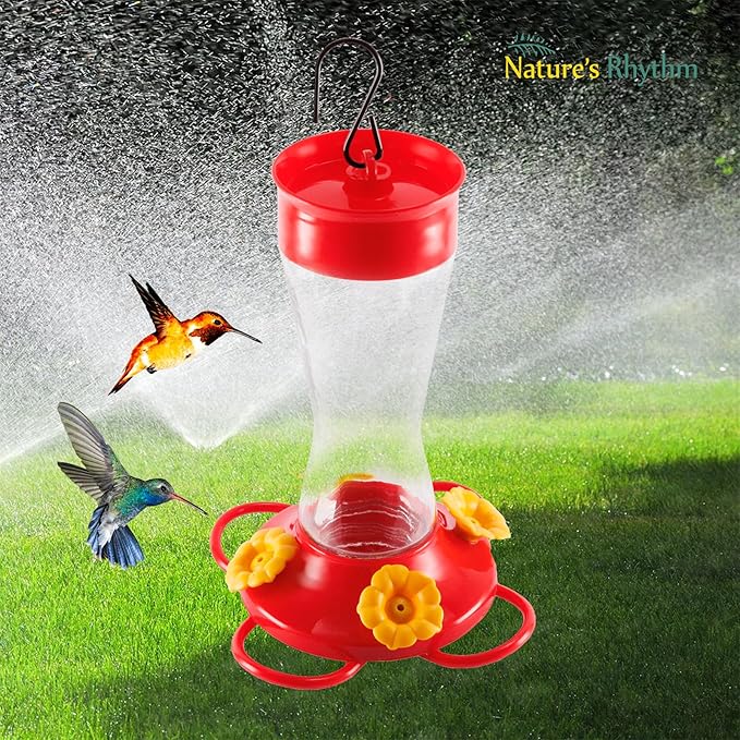 Nature's Rhythm Bird Feeder 4 bee Guard Plastic Yellow Flowers Feeding Port 8oz Glass Pinch Waist Hummingbird Feeder (1Pcs)-VerdiqueGarden