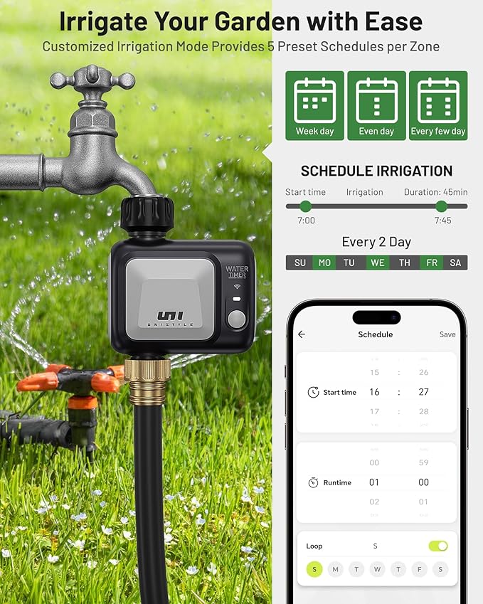 WiFi Sprinkler Timer, Unistyle Programmable Smart Water Timer, WiFi Irrigation Controller with Rain Delay/Auto Mode/Manual, Outdoor Hose Timer for Lawns, Yards and Garden-VerdiqueGarden