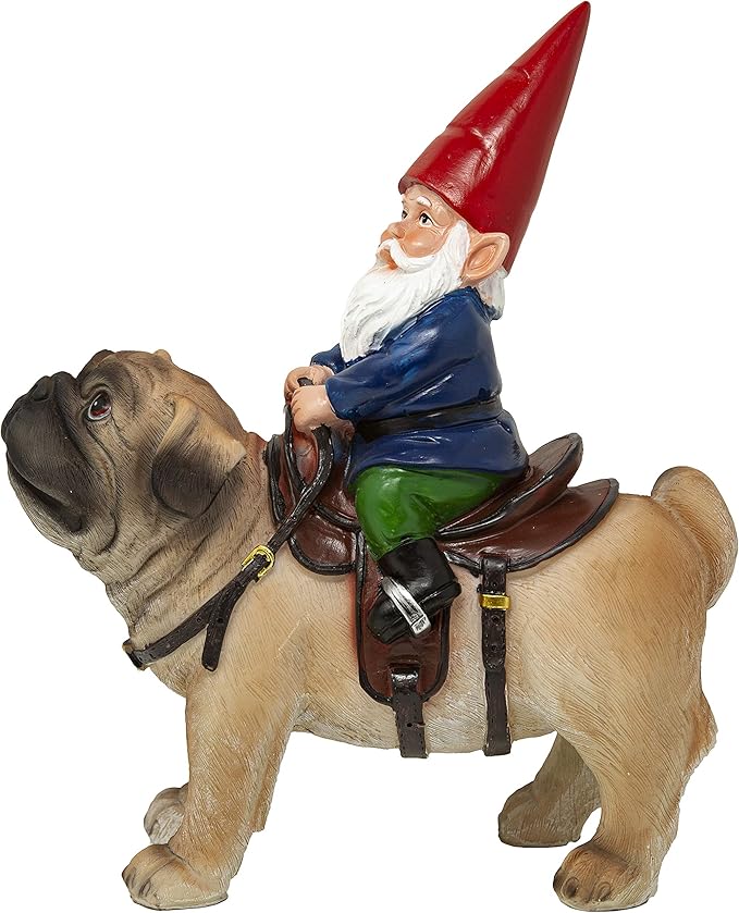 Funny Guy Mugs Garden Gnome Statue - Gnome Riding a Pug - Indoor/Outdoor Garden Gnome Sculpture for Patio, Yard or Lawn-VerdiqueGarden