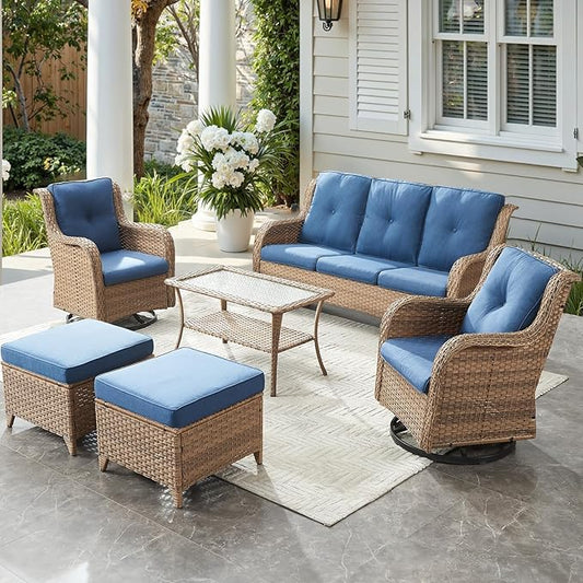 Outdoor Wicker Patio Furniture Set - 6 Piece Rattan Patio Conversation Set with 2 Rocking Swivel Chairs,2 Ottomans,1 Sofa and 1 Coffee Table for Porch Deck Backyard Garden(Yellow/Blue)-VerdiqueGarden