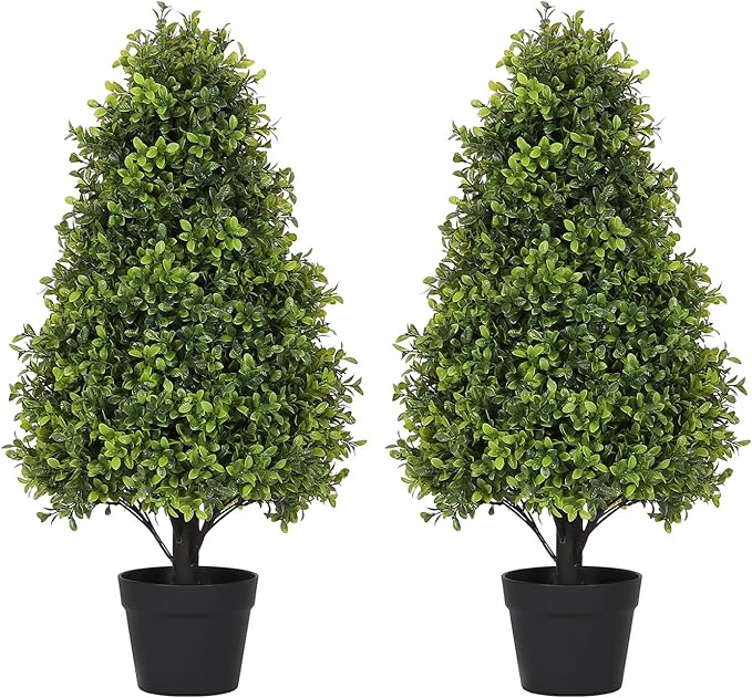 30" Artificial Boxwood Faux Plants Outdoor, UV Resistant Topiary Trees Realistic Cone-Shaped Fake Bushes and Shrubs Potted Fakeplants Set of 2 for Front Porch Patio Outside Planter Decor-VerdiqueGarden