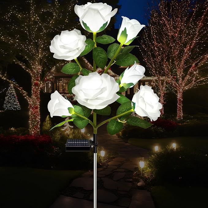 DWH 1 Pack Solar Garden Lights Outdoor, 7-Flower Rose Solar Lights for Yard, LED Solar Powered Stake Lights for Patio Pathway Lawn Fence Cemetery, White-VerdiqueGarden