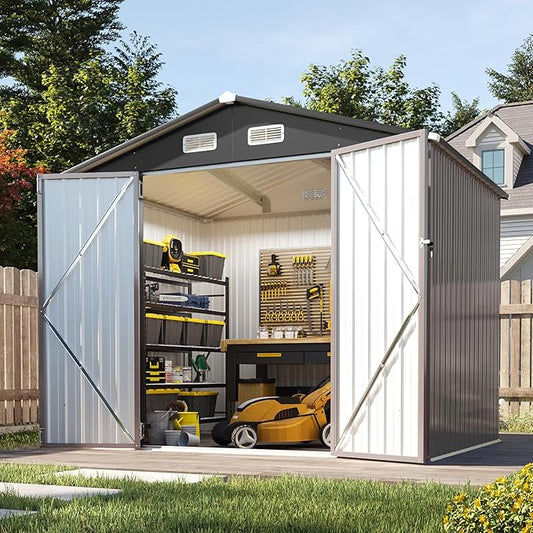 Aoxun 7x5 FT Outdoor Storage Shed Garden Metal Shed with Lockable Door Outdoor Large Shed for Tool, Garbage Can, Bike, Mower, Brown-VerdiqueGarden