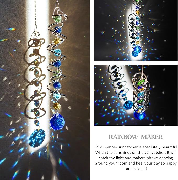 H&D HYALINE & DORA 17.7inch Gazing Ball Spiral Tail,Decorative Wind Spinner Sun Catcher,Rainbow Maker Double-Spiral W/Sea Blue Crystal Ball and Chain,Glass Crystals for Indoor Outdoor Decoration-VerdiqueGarden