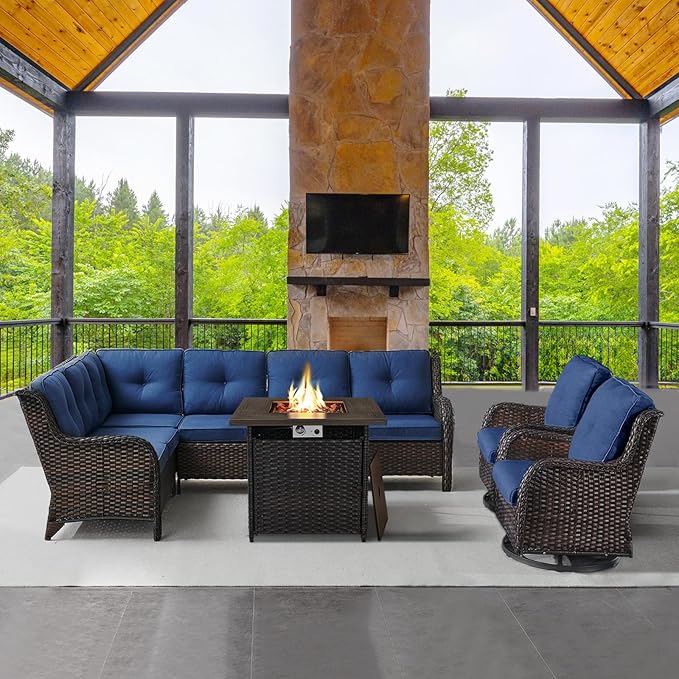 Outdoor Sectional Sofa Furniture Set with Propane Fire Pit Table, Wicker Patio Conversation Set with 2 Swivel Glider Rocker Chairs Blue Cushion Perfect for Backyard Casual Gathering-VerdiqueGarden