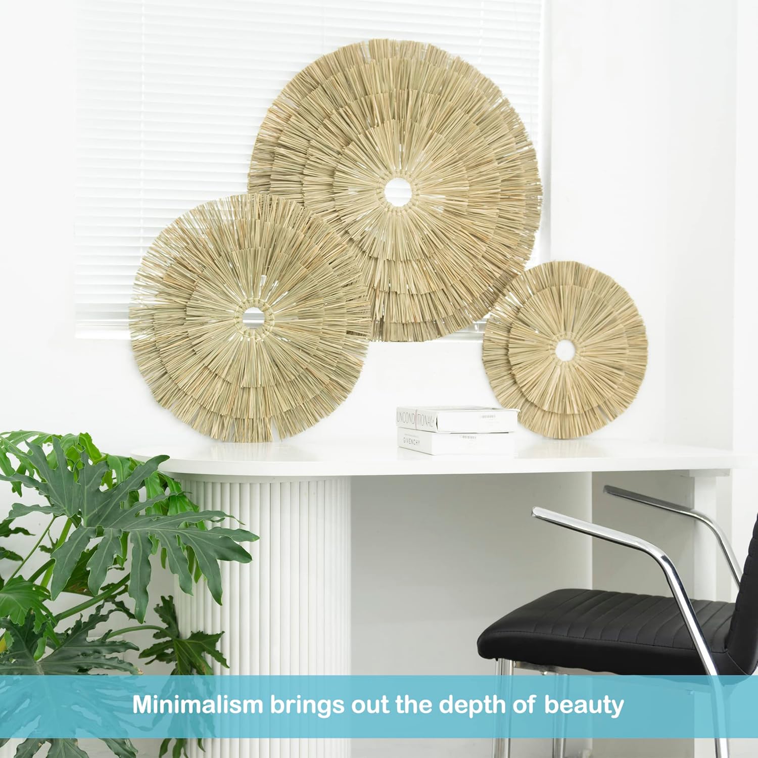 VATIMA Boho Wall Décor – Simple Oversized Wall Basket Décor for Home and Office – Seagrass Wicker Basket Wall Décor Set – 3pcs Flat Baskets – Easy to Hang – Handmade Design – Small/Medium/Large-VerdiqueGarden