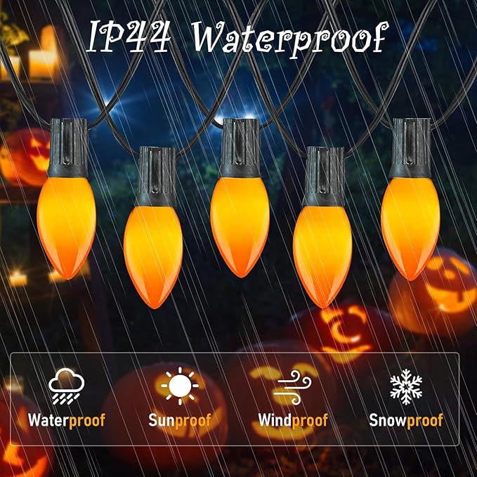 25FT LED Halloween Outdoor String Lights with 26 C9 Candle Shape Shatterproof Plastic Bulbs,2700K Waterproof Connectable Orange LED String Lights for Home Garden Halloween Christmas Fall Decor-VerdiqueGarden
