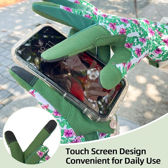 Gardening Gloves for Women, Garden Gloves with Touch Screen, Thorn Proof Puncture Resistant Working Gloves, Gardening Gifts for Women (Green with purple flowers, Medium)-VerdiqueGarden