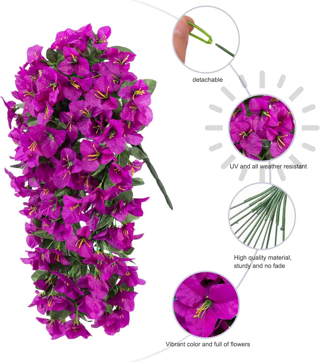 Bougainvillea Artificial Hanging Flowers Plants for Outdoors Decoration, 2pcs Fake Flowers Silk Bougainvillea Vines Realistic UV Resistant Faux Flowers for Outdoor Planters Patio Urn, Purple-VerdiqueGarden