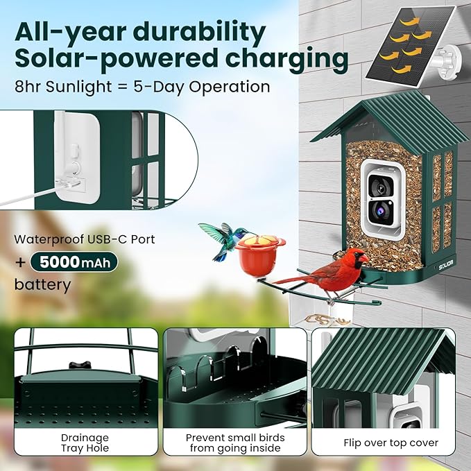 SOLIOM Solar Bird Feeder with Camera for Outdoors - AI Smart Birdhouse, 2K Live View & Instant Alerts, Squirrel Proof - Perfect Bird Watching Gift (Green)-VerdiqueGarden