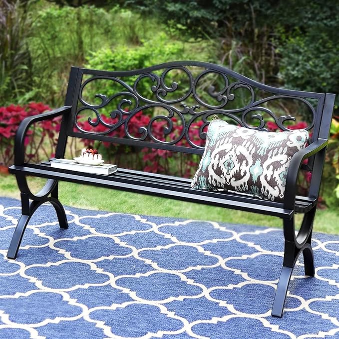 PHI VILLA 50-Inch Cast Iron Steel Frame Garden Bench Outdoor Patio Bench Chair w/Floral Design Backrest, Slatted Seat for Park, Yard & Porch, Black-VerdiqueGarden
