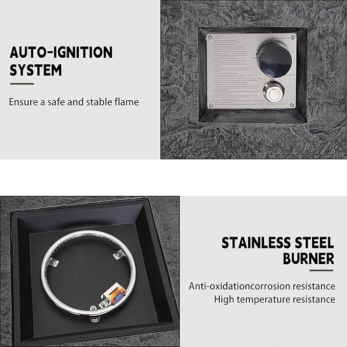 32" Outdoor Propane Fire Pit Table, Stone Fire Table Square Firepit w Glass Wind Guard(50,000 BTU), 2 Piece Slate Gas Fire Table in Deep Grey w Fire Glass, Rain Cover for Outside, Backyard-VerdiqueGarden