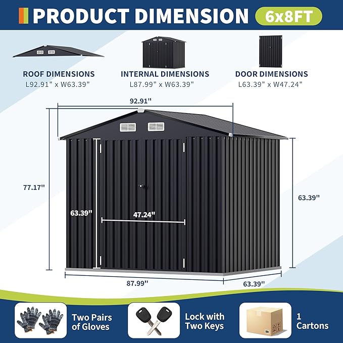 6x8 FT Metal Storage Sheds Outdoor, Metal Yard Sheds MetalGarden Shed Kit, MetalTool Shed with Lockable Door, Utility Buildings with Air Vent for Backyard Garden Patio Lawn-VerdiqueGarden