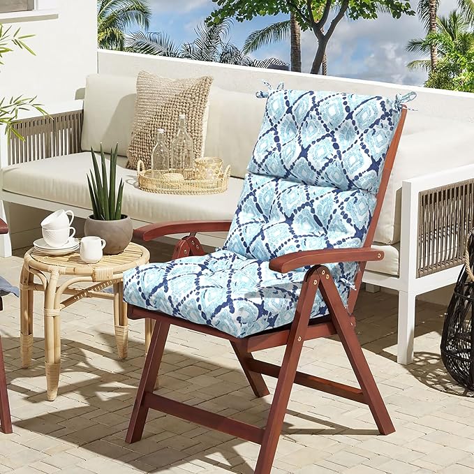 LVTXIII Outdoor Tufted High Back Cushions Set of 2 Patio Seasonal Replacement Rocking Chair Cushion with Ties, Solid Seat and Back Chair Cushion, (44” L x 22W”, Boho Geometry Blue)-VerdiqueGarden