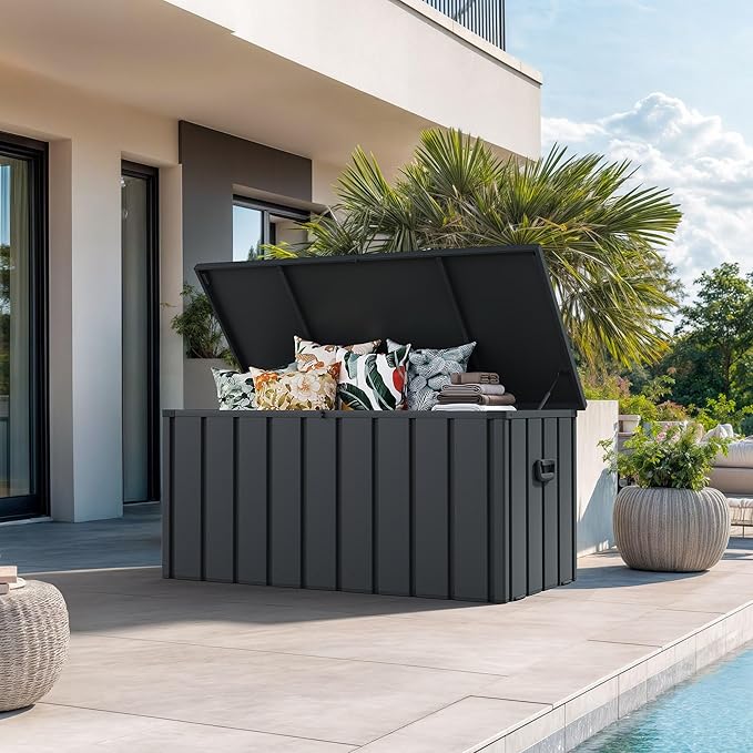 PURPLE LEAF Outdoor Deck Box 100 Gallon Waterproof Lockable Storage Box Container with Lid Deck Organization for Patio Cushions Side Table Pool Accessories Garden Tools, Gray-VerdiqueGarden
