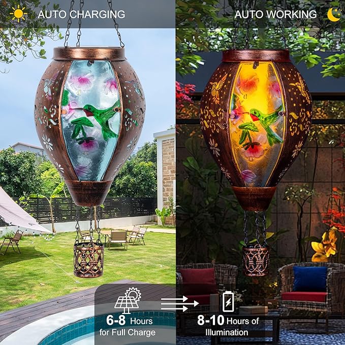 Hummingbird Hot Air Balloon Solar Lantern, Metal & Glass Flickering Flame Light Solar Lantern, Hanging Waterproof Solar Lanterns Outdoor for Garden Patio Tree Decoration-VerdiqueGarden