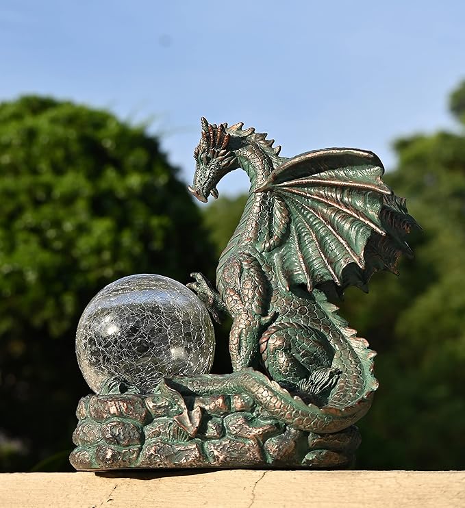 TERESA'S COLLECTIONS Garden Sculptures & Statues, Solar Dragon Outdoor Statues Figurines, Resin Bronze Gothic Garden Decor Lawn Ornaments Patio Yard Decorations Gifts for Mom Women, 8"-VerdiqueGarden